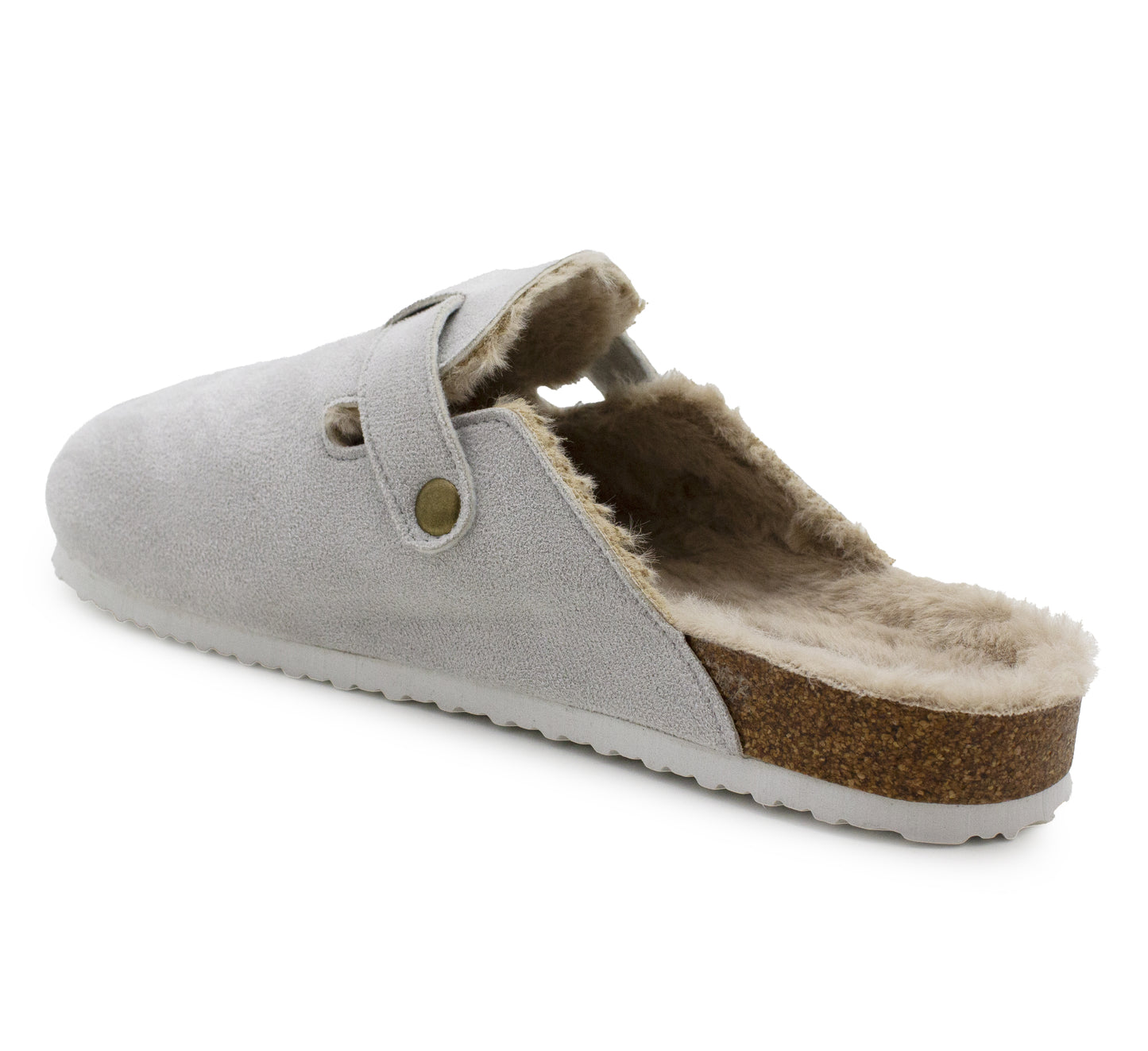 Womens Winter Grey Slippers Faux Fur Lined Suede Clogs Slip On Adjustable Buckle Cork Footbed Backless Mules Ladies Casual Slippers