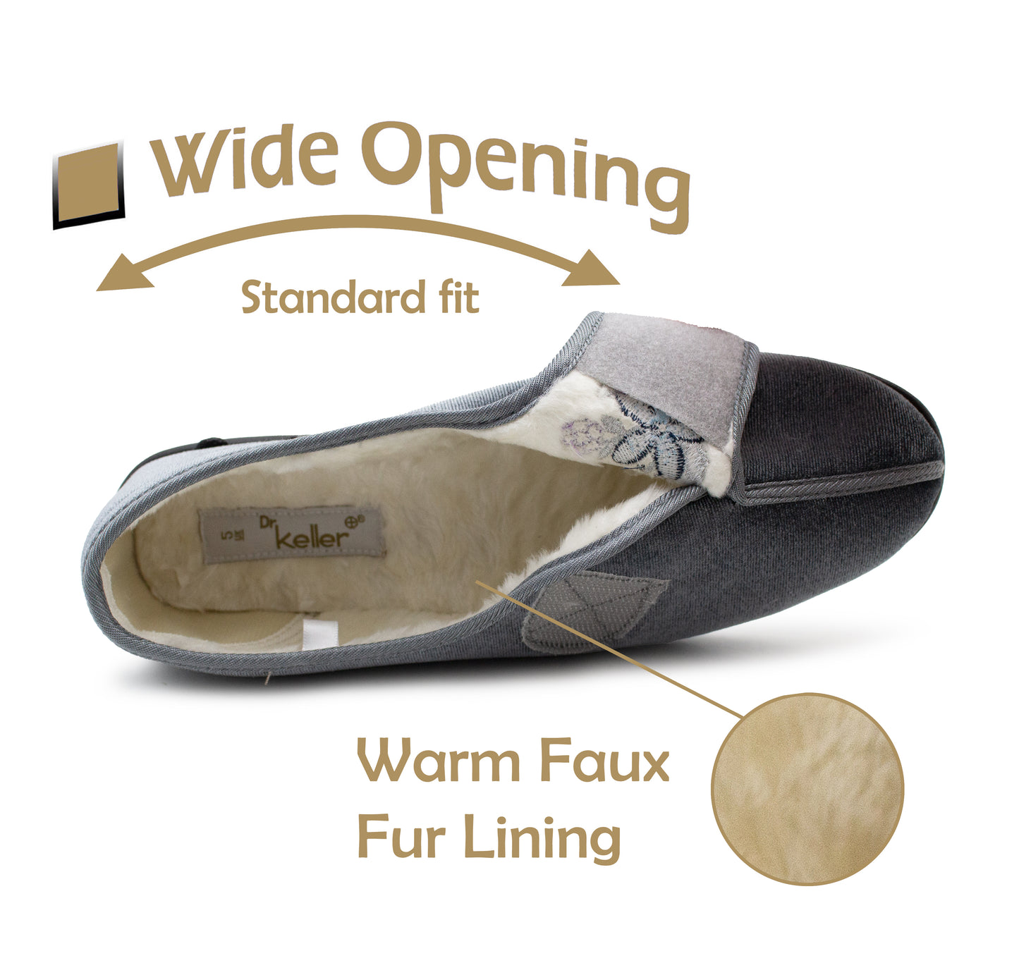 Womens Velour Slippers Faux Fur Lined Ladies Winter Wide Opening Diabetic Orthopaedic House Shoes