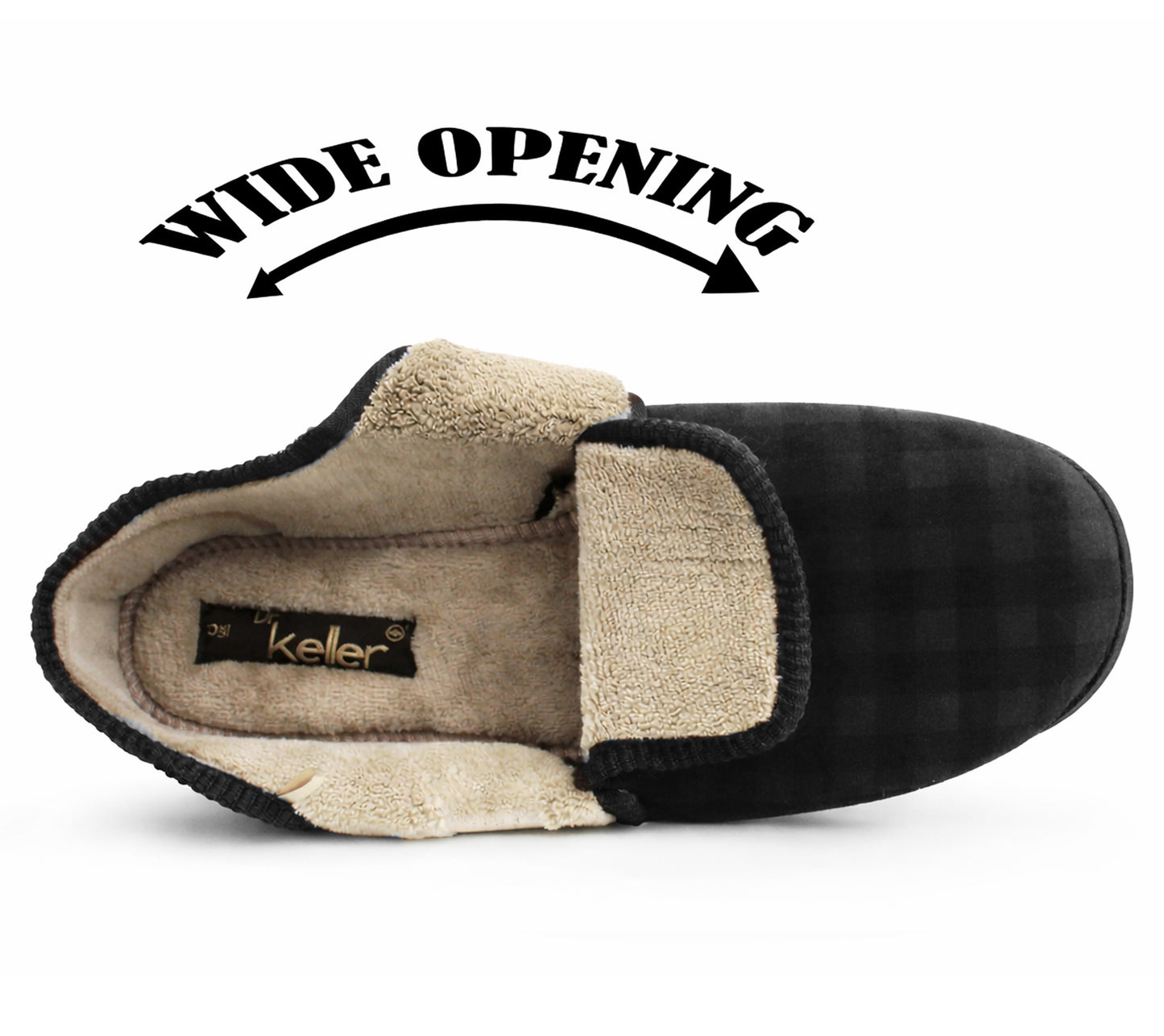 Mens Slippers Check Faux Fur Lined Thermal Wide Open Touch Fasten Straps House Shoes Grey