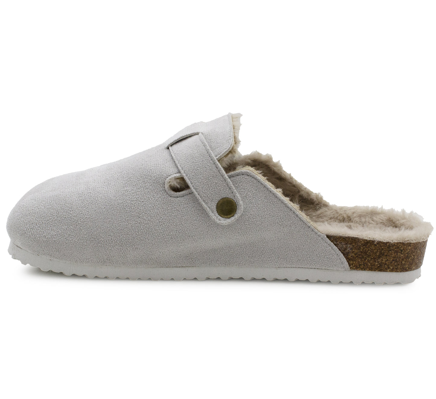 Womens Winter Grey Slippers Faux Fur Lined Suede Clogs Slip On Adjustable Buckle Cork Footbed Backless Mules Ladies Casual Slippers