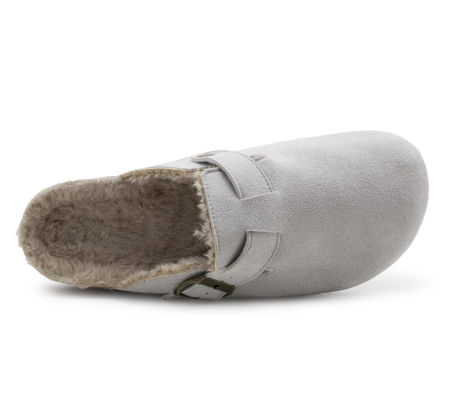 Womens Winter Grey Slippers Faux Fur Lined Suede Clogs Slip On Adjustable Buckle Cork Footbed Backless Mules Ladies Casual Slippers