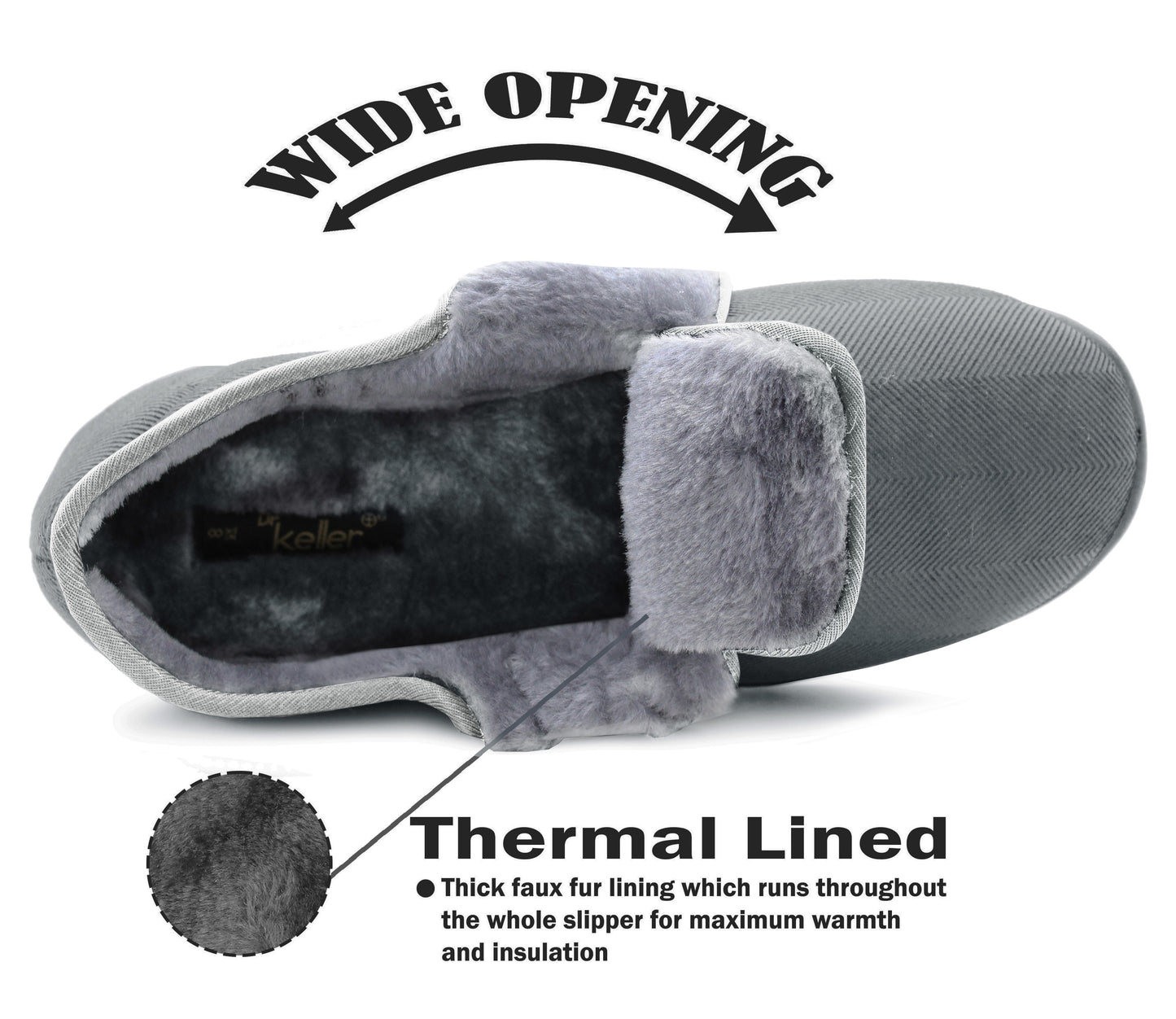 Mens Winter Slippers Grey Cord Faux Fur Lined Thermal Wide Opening Touch Fasten Slippers