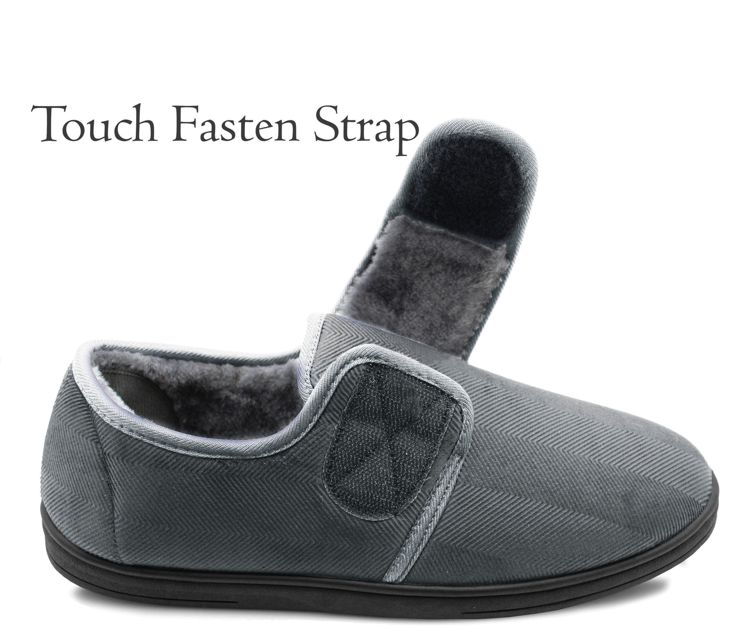 Mens Winter Slippers Grey Cord Faux Fur Lined Thermal Wide Opening Touch Fasten Slippers