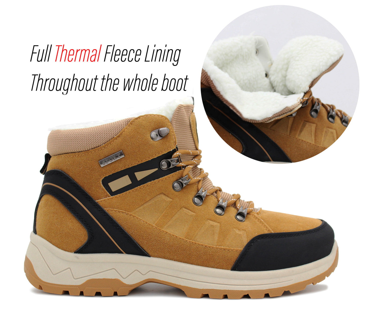 Mens Thermal Hiking Boots Warm Fleece Lined Insulated Lace Up Honey Faux Suede Trekking Ankle Snow Boots