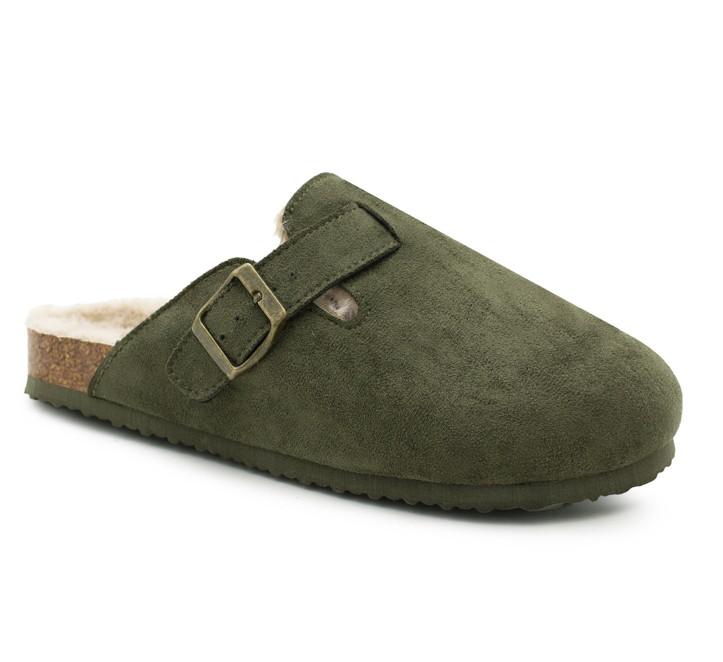 Womens Winter Khaki Slippers Faux Fur Lined Suede Clogs Slip On Adjustable Buckle Cork Footbed Backless Mules Ladies Casual Slippers