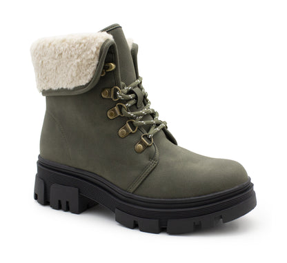 Womens Khaki Winter Ankle Boots Chunky Sole Platform Faux Fur Lined Warm Fleece Trim Ladies High Top Hiking Combat Fashion Boots