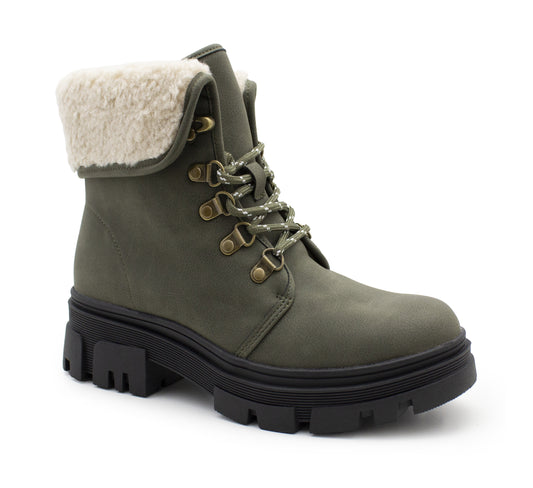 Womens Khaki Winter Ankle Boots Chunky Sole Platform Faux Fur Lined Warm Fleece Trim Ladies High Top Hiking Combat Fashion Boots