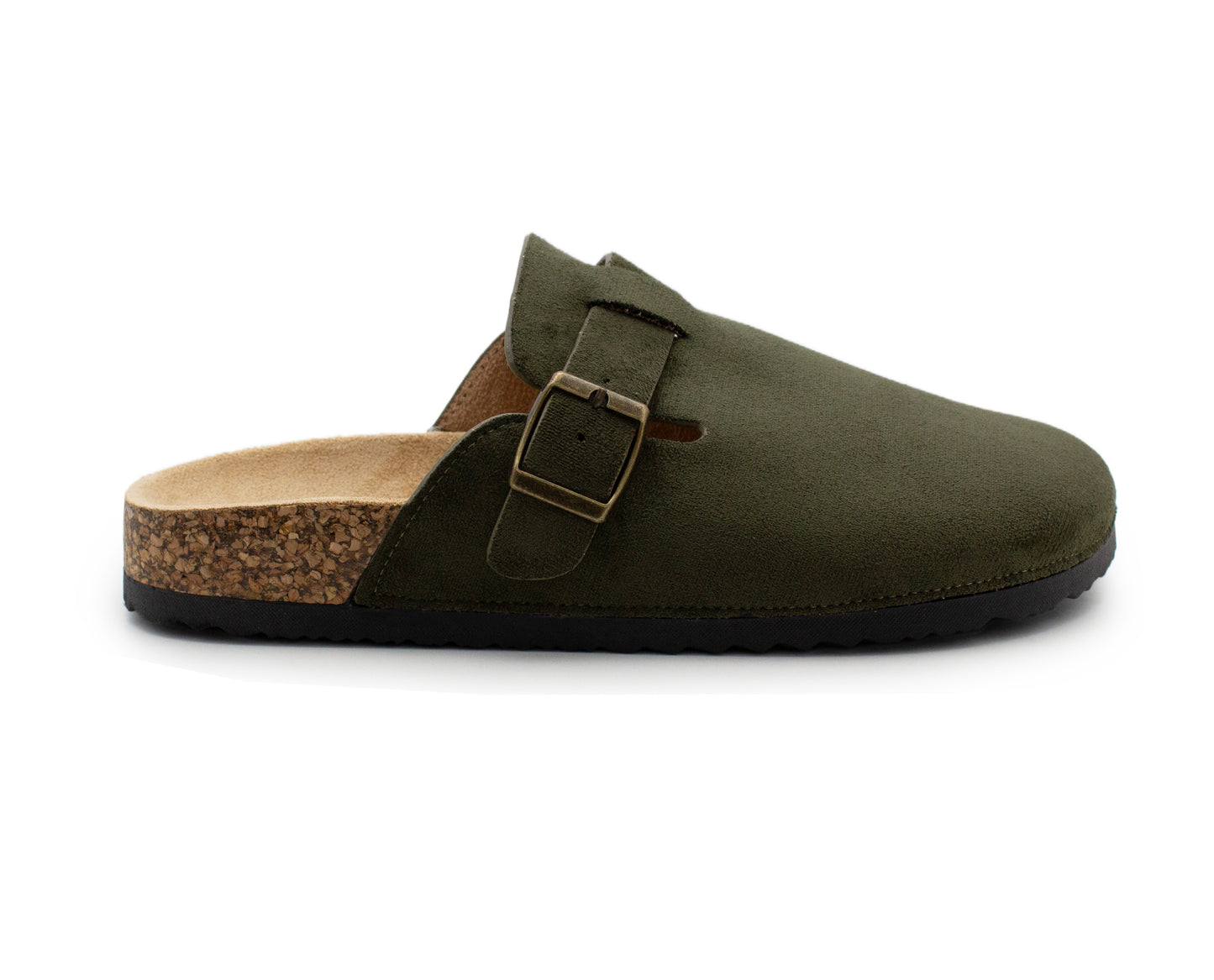 Womens Faux Suede Clogs Slip On Adjustable Buckle Cork Footbed Arch Support Ladies Backless Mules Flat Casual Slippers Khaki