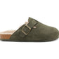 Womens Winter Khaki Slippers Faux Fur Lined Suede Clogs Slip On Adjustable Buckle Cork Footbed Backless Mules Ladies Casual Slippers