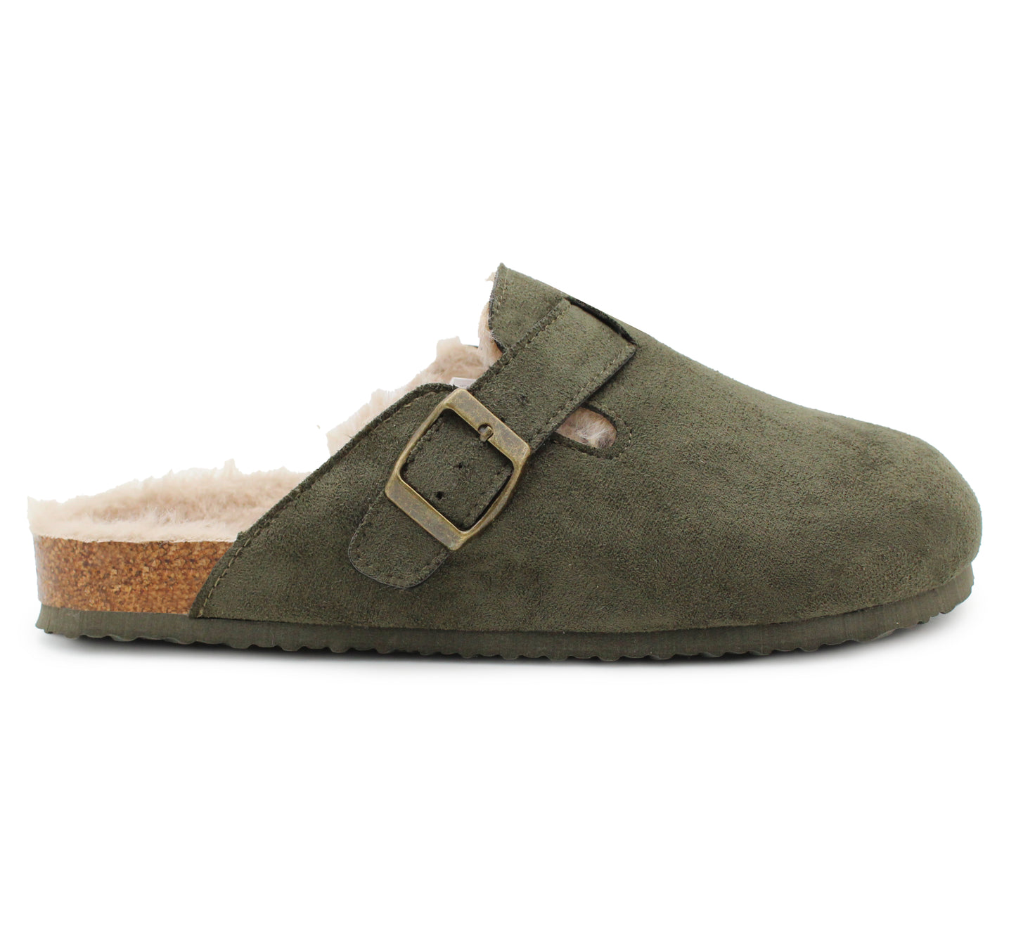 Womens Winter Khaki Slippers Faux Fur Lined Suede Clogs Slip On Adjustable Buckle Cork Footbed Backless Mules Ladies Casual Slippers