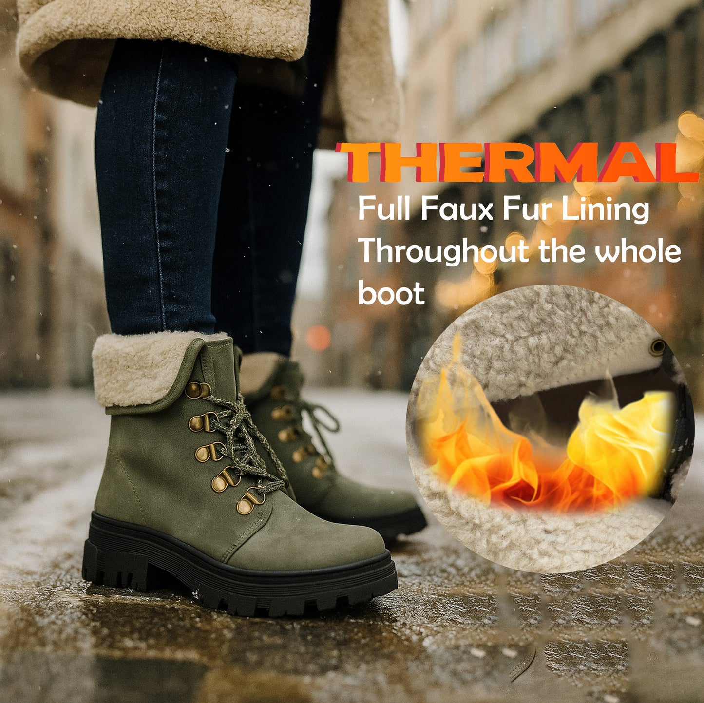 Womens Khaki Winter Ankle Boots Chunky Sole Platform Faux Fur Lined Warm Fleece Trim Ladies High Top Hiking Combat Fashion Boots