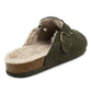 Womens Winter Khaki Slippers Faux Fur Lined Suede Clogs Slip On Adjustable Buckle Cork Footbed Backless Mules Ladies Casual Slippers