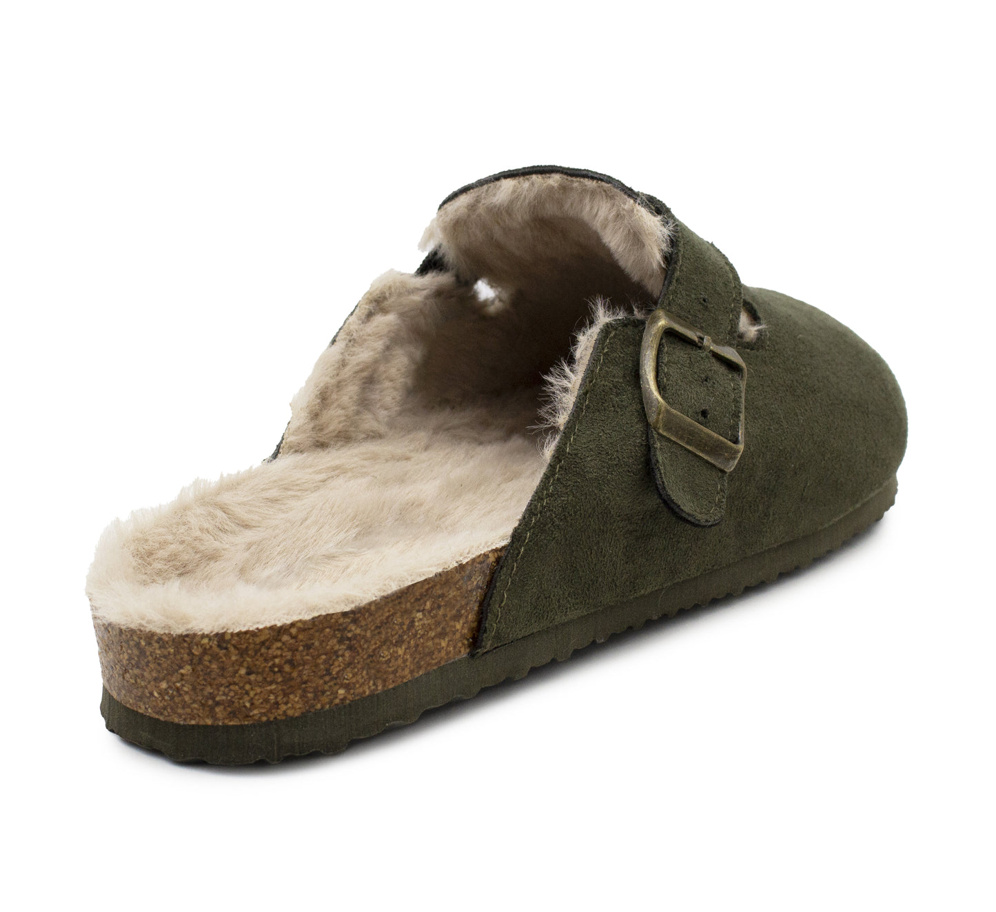 Womens Winter Khaki Slippers Faux Fur Lined Suede Clogs Slip On Adjustable Buckle Cork Footbed Backless Mules Ladies Casual Slippers
