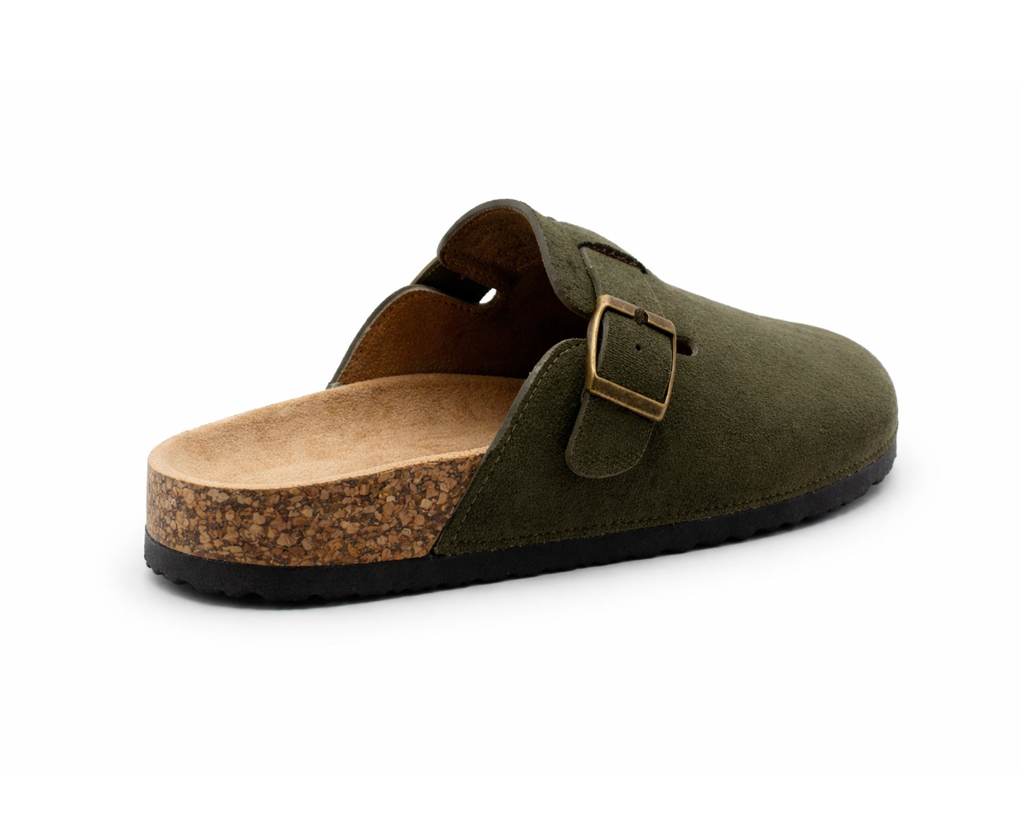 Womens Faux Suede Clogs Slip On Adjustable Buckle Cork Footbed Arch Support Ladies Backless Mules Flat Casual Slippers Khaki