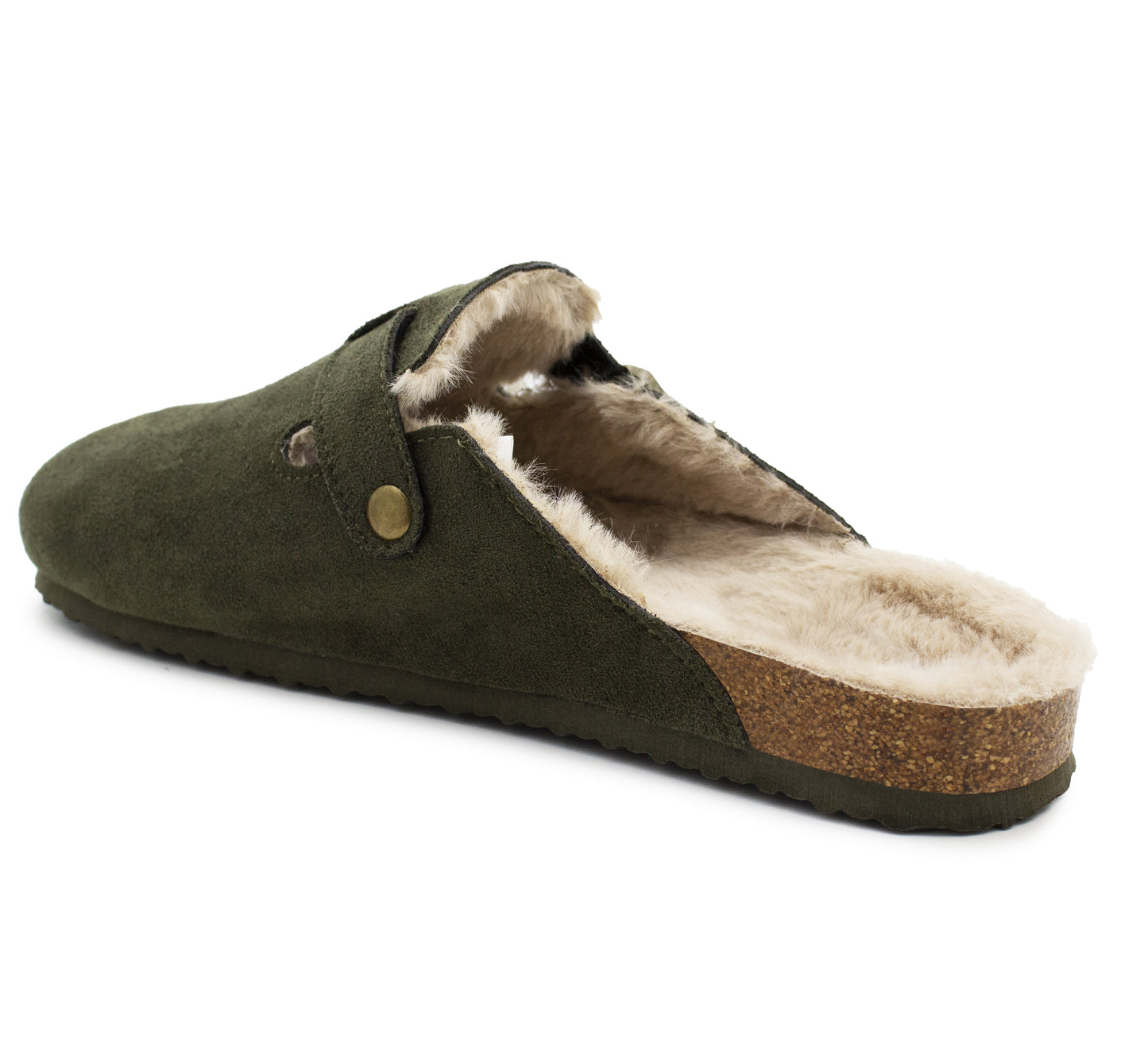 Womens Winter Khaki Slippers Faux Fur Lined Suede Clogs Slip On Adjustable Buckle Cork Footbed Backless Mules Ladies Casual Slippers