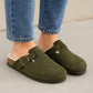 Womens Winter Khaki Slippers Faux Fur Lined Suede Clogs Slip On Adjustable Buckle Cork Footbed Backless Mules Ladies Casual Slippers