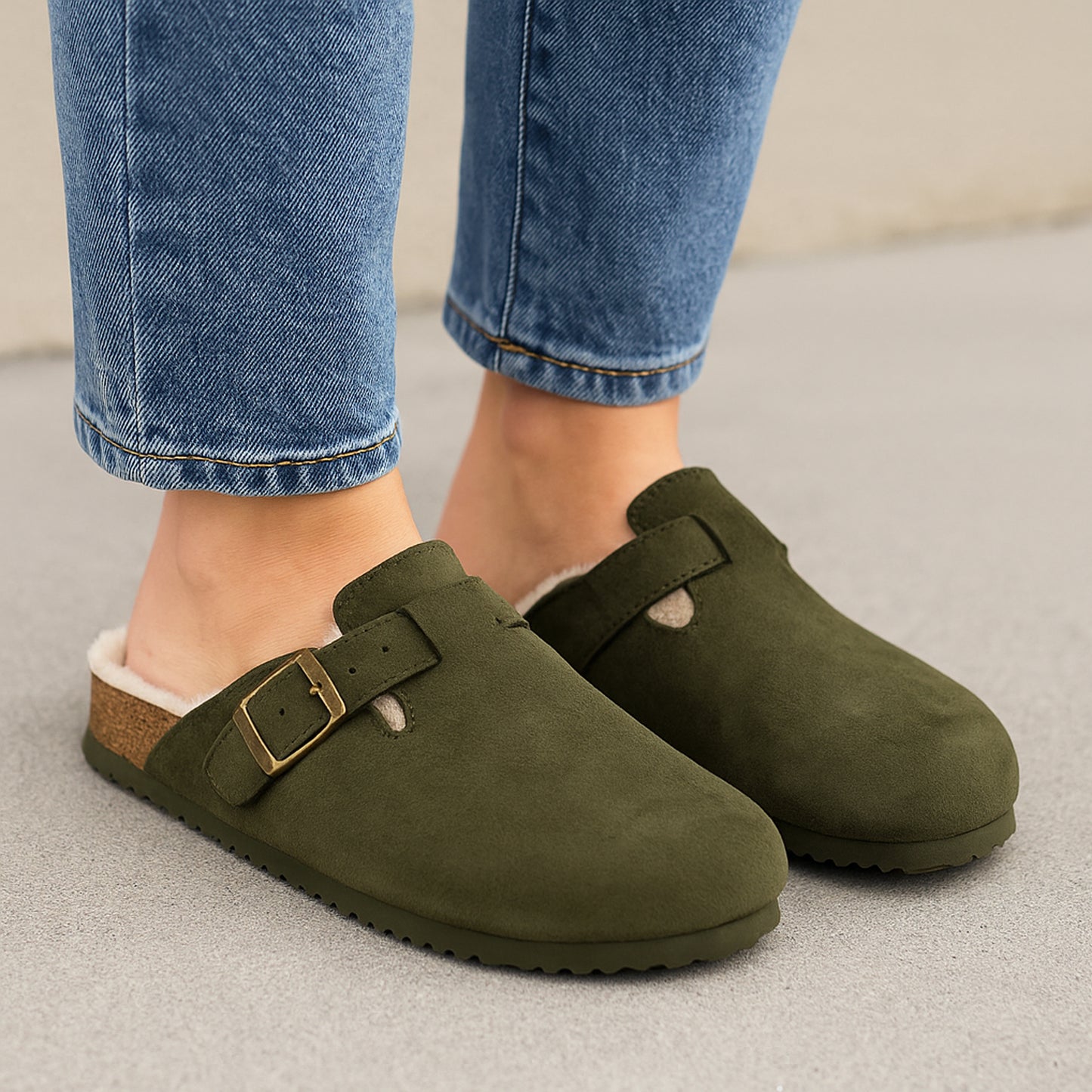 Womens Winter Khaki Slippers Faux Fur Lined Suede Clogs Slip On Adjustable Buckle Cork Footbed Backless Mules Ladies Casual Slippers