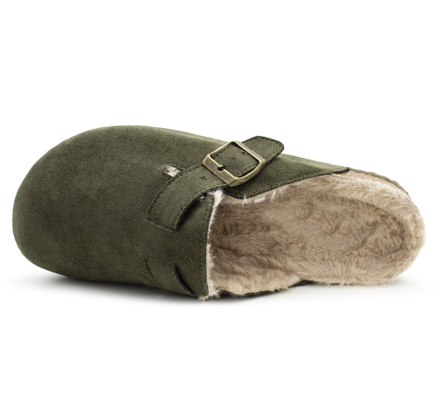 Womens Winter Khaki Slippers Faux Fur Lined Suede Clogs Slip On Adjustable Buckle Cork Footbed Backless Mules Ladies Casual Slippers