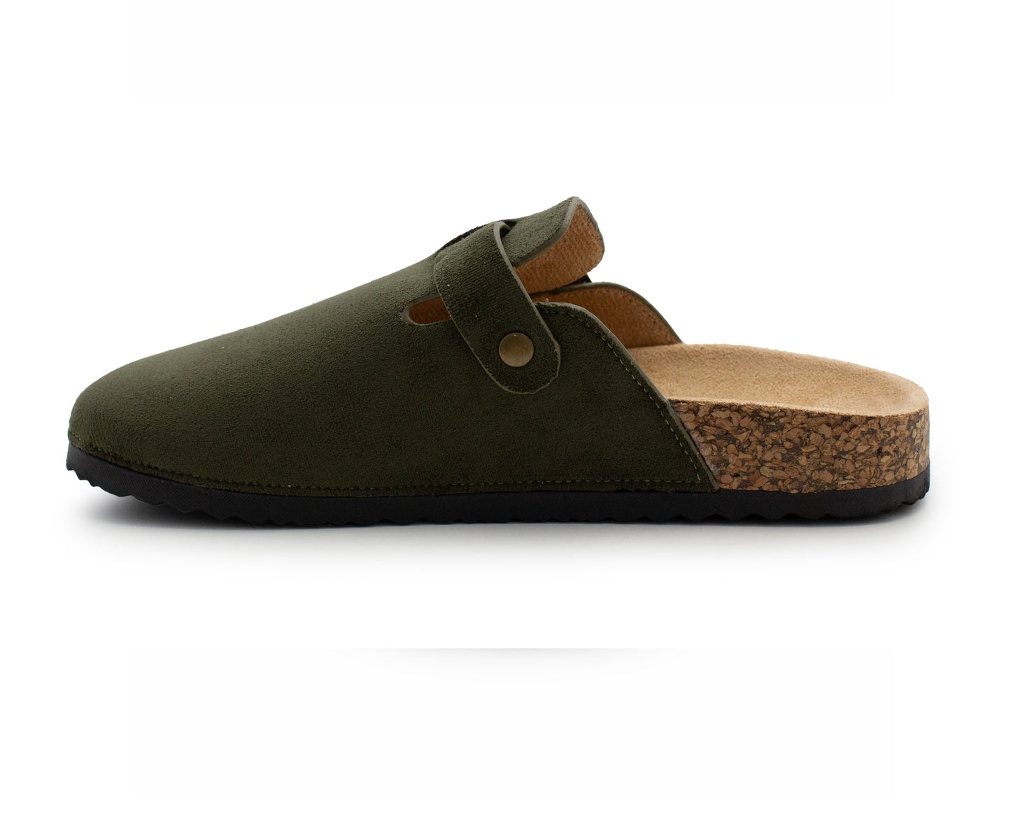 Womens Faux Suede Clogs Slip On Adjustable Buckle Cork Footbed Arch Support Ladies Backless Mules Flat Casual Slippers Khaki