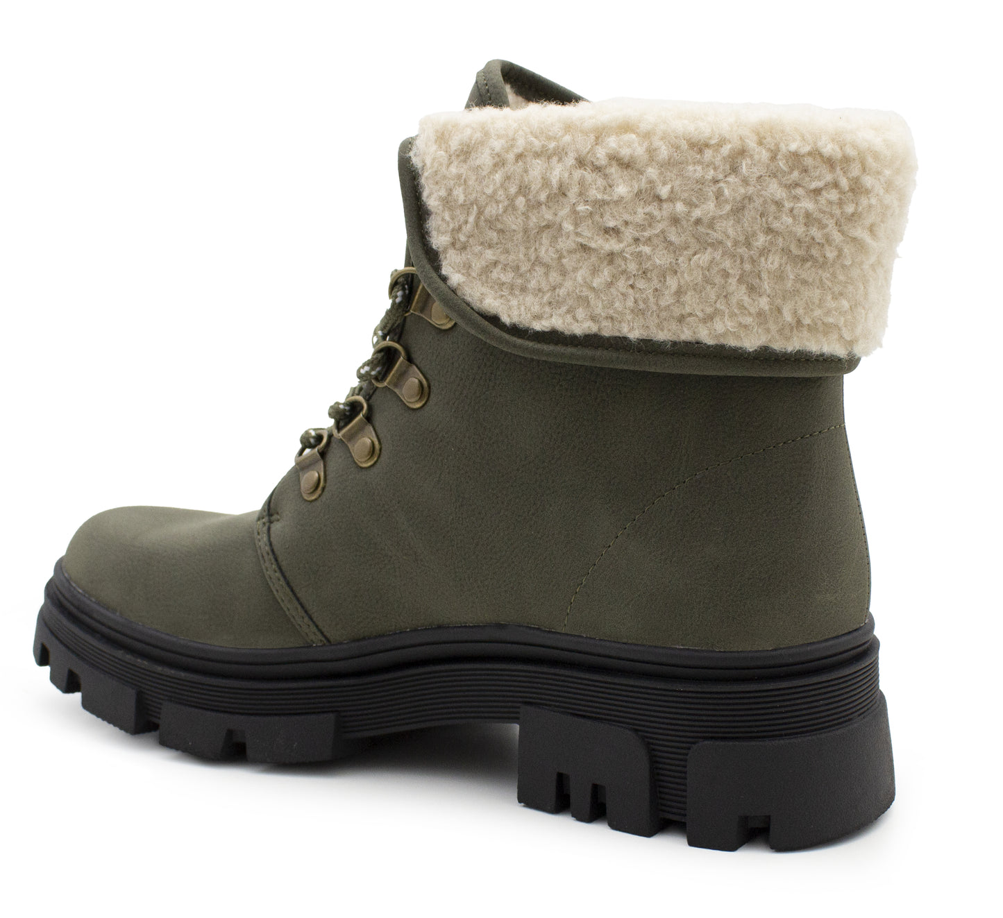 Womens Khaki Winter Ankle Boots Chunky Sole Platform Faux Fur Lined Warm Fleece Trim Ladies High Top Hiking Combat Fashion Boots