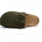 Womens Faux Suede Clogs Slip On Adjustable Buckle Cork Footbed Arch Support Ladies Backless Mules Flat Casual Slippers Khaki