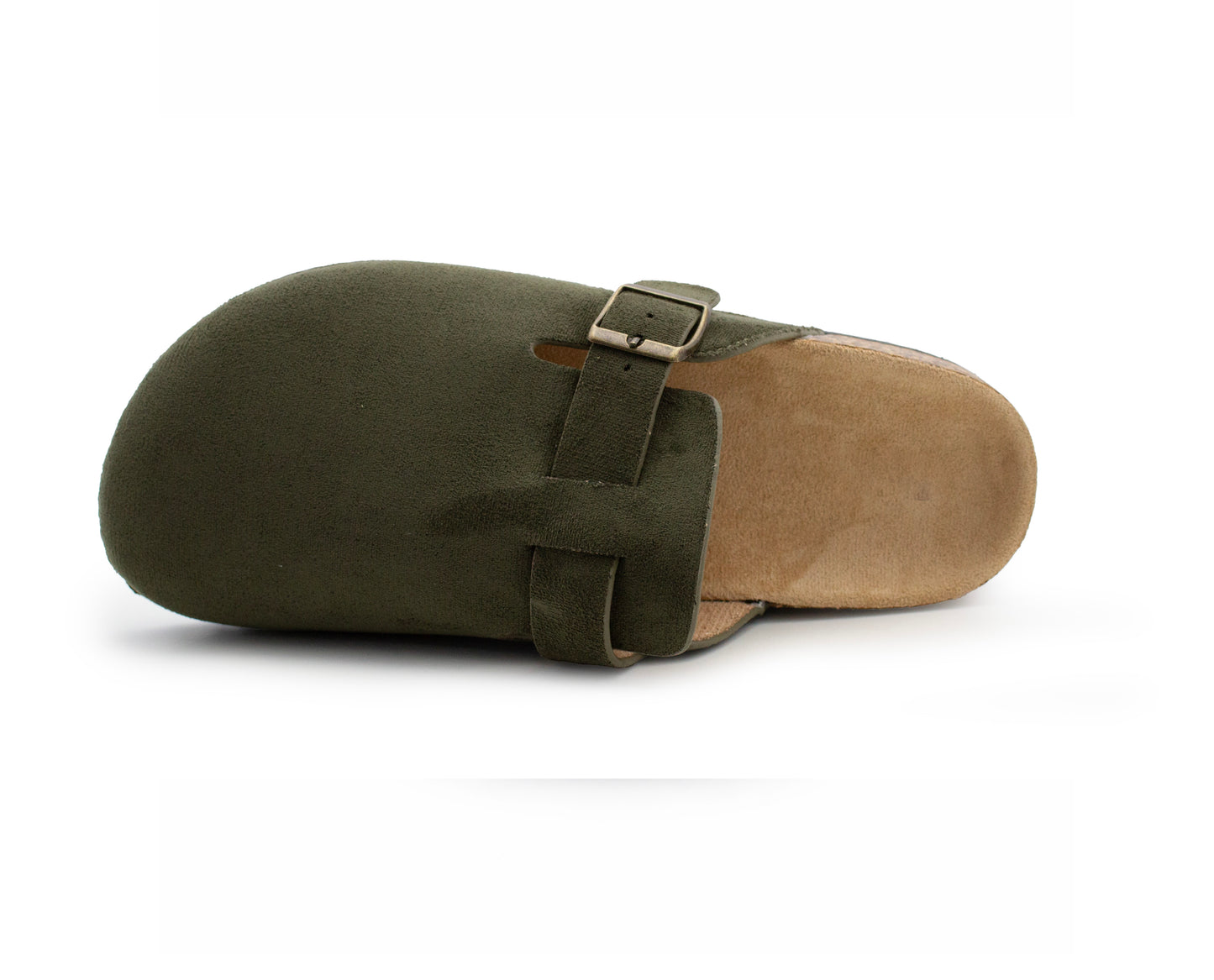 Womens Faux Suede Clogs Slip On Adjustable Buckle Cork Footbed Arch Support Ladies Backless Mules Flat Casual Slippers Khaki