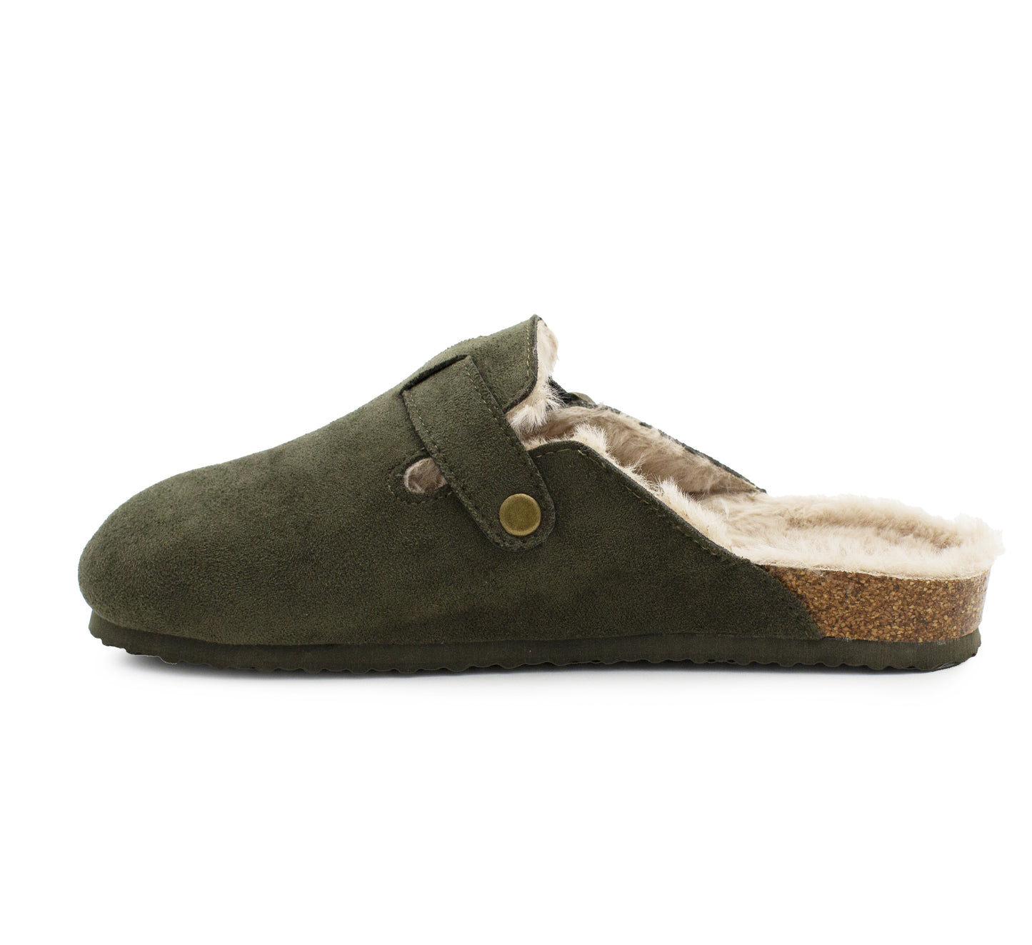 Womens Winter Khaki Slippers Faux Fur Lined Suede Clogs Slip On Adjustable Buckle Cork Footbed Backless Mules Ladies Casual Slippers