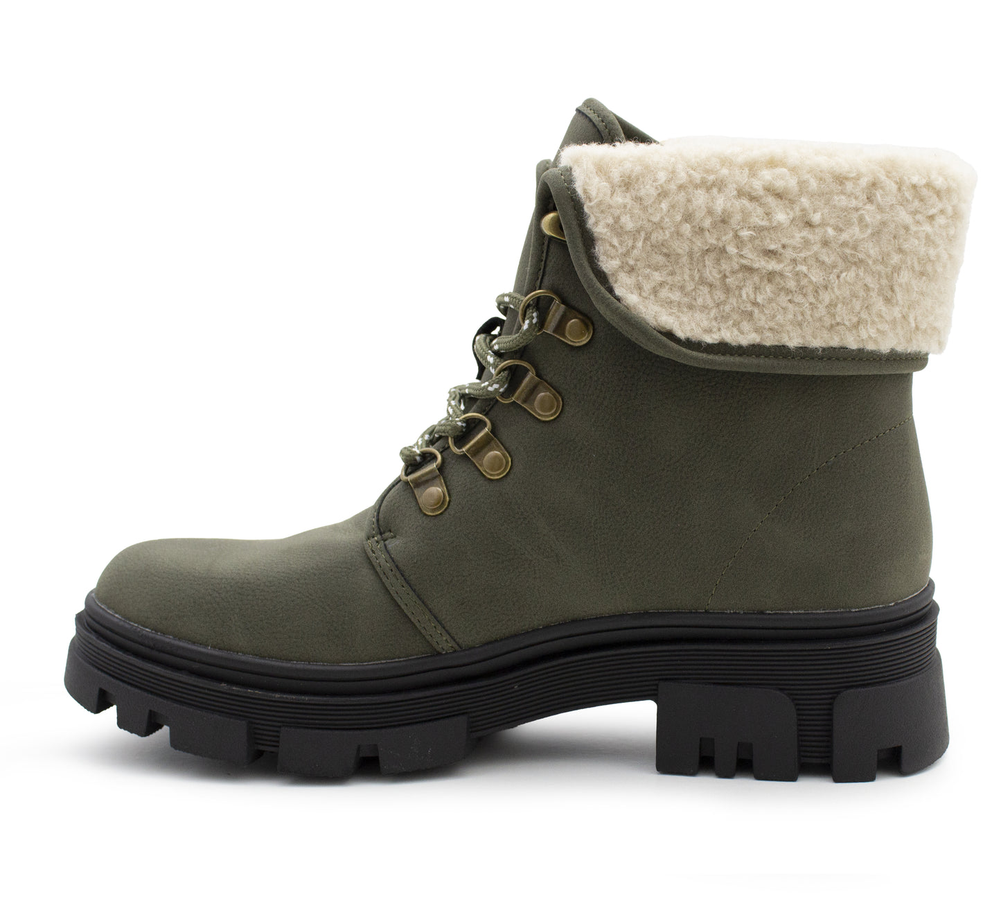 Womens Khaki Winter Ankle Boots Chunky Sole Platform Faux Fur Lined Warm Fleece Trim Ladies High Top Hiking Combat Fashion Boots