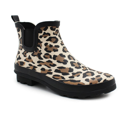Womens Leopard Print Waterproof Ankle Boots Wellingtons Ladies Slip On Short Chelsea Rain Boots Festival Gardening Wellie Boots