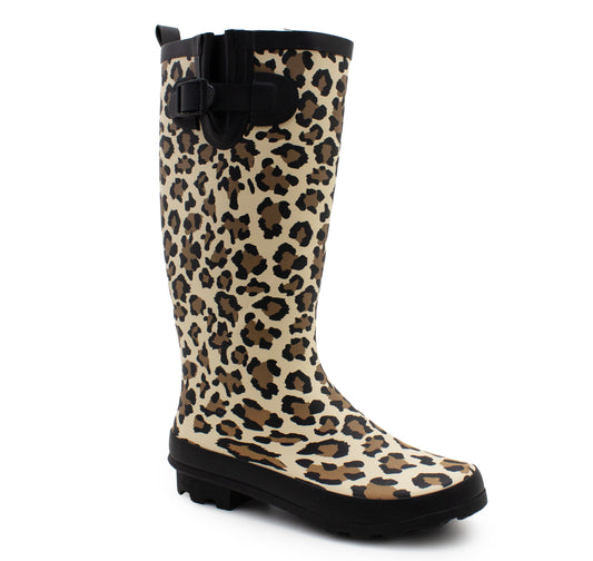 Womens Adjustable Calf Wellies Waterproof Ladies Fashion Festival Dog Walking Rain Mud Leopard Print Wellington Boots