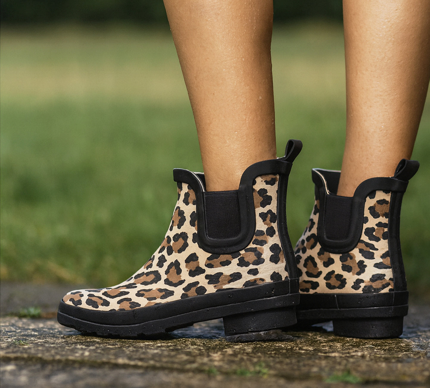 Womens Leopard Print Waterproof Ankle Boots Wellingtons Ladies Slip On Short Chelsea Rain Boots Festival Gardening Wellie Boots