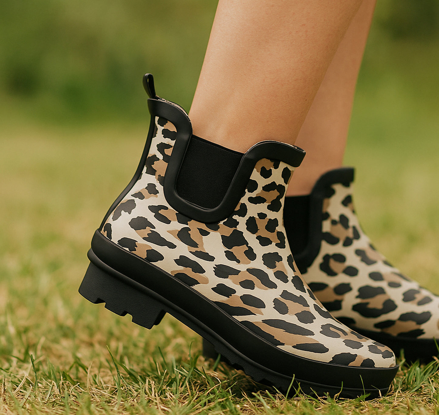 Womens Leopard Print Waterproof Ankle Boots Wellingtons Ladies Slip On Short Chelsea Rain Boots Festival Gardening Wellie Boots
