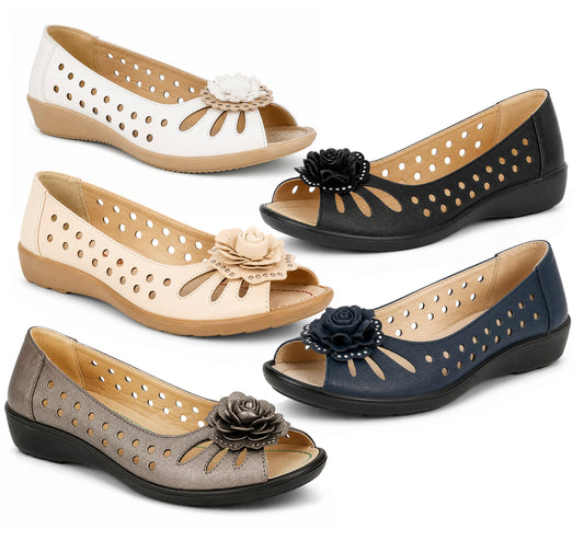Womens Fashion sandals Slip On Open Peep Toe Pumps Ladies Leather sock Flower Summer Shoes