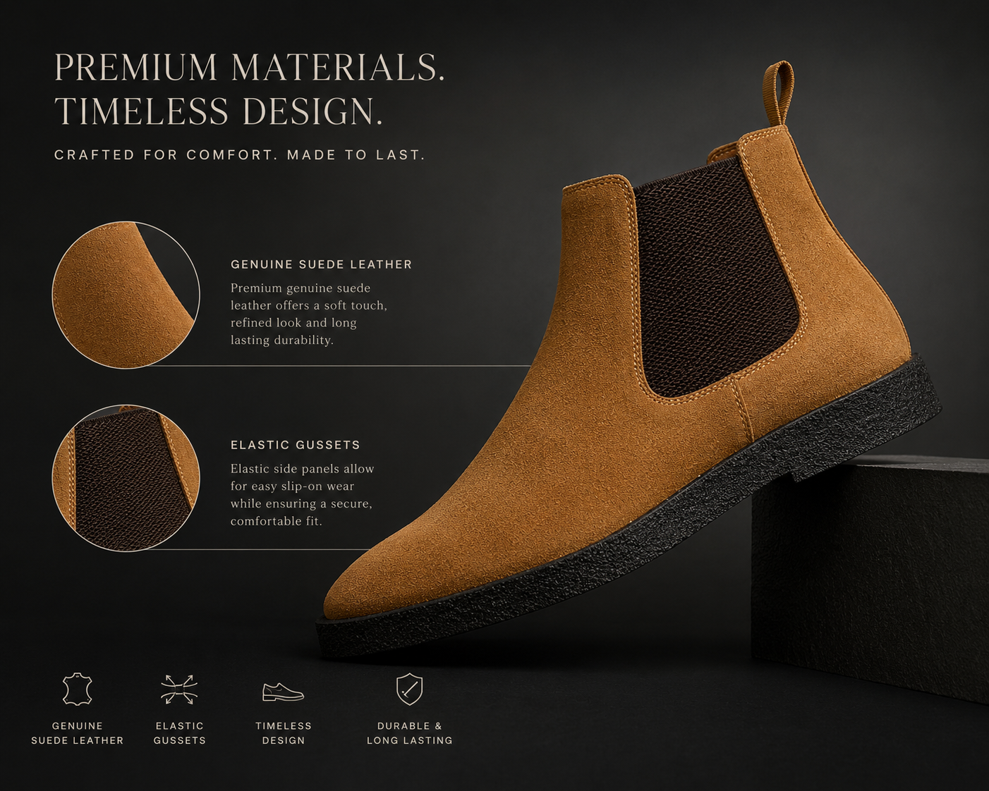 Mens Tan Suede Leather Chelsea Boots Slip On Elastic Gusset Smart Ankle Boot Shoes