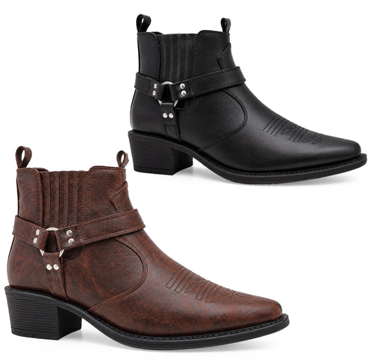 Men’s Western Cowboy Ankle Boots Harness Buckle Cuban Heel Biker Shoes