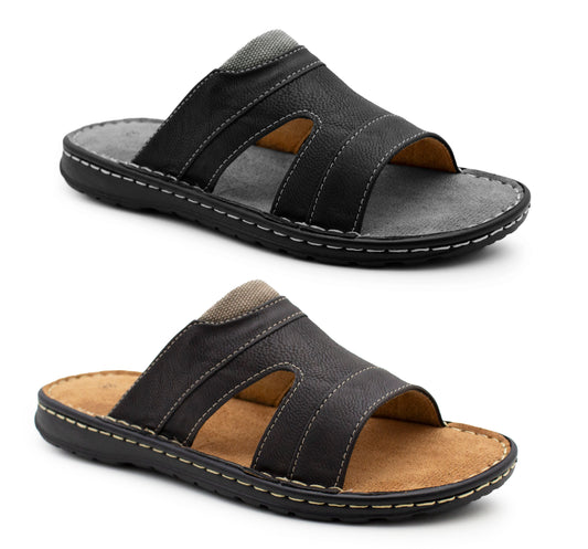 Mens Slip On Sandals Faux Leather Open Toe Sliders Flat Beach Casual Summer Slippers Comfort Sliders