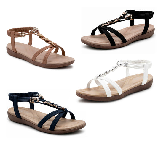 Womens Strappy Sandals Elastic Back Strap Comfort Flat Open Toe Summer Casual Beach Holiday Shoes
