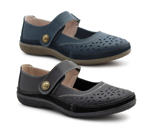 Womens Wide Fit Mary Janes Genuine Leather Nurse Office Wide EEE Fit Touch Fasten Ladies Casual Loafers Shoes