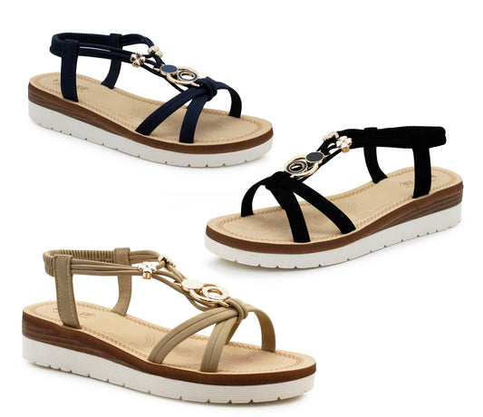 Womens Strappy Wedge Sandals Elastic Back Strap Platform Sole Comfort Flat Open Toe Summer Casual Beach Holiday Shoes