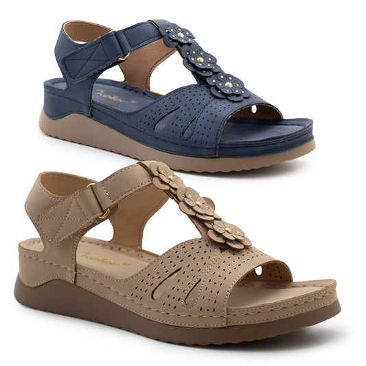 Womens Adjustable Sandals Ladies Low Wedge T-Bar Summer Beach Walking Shoes
