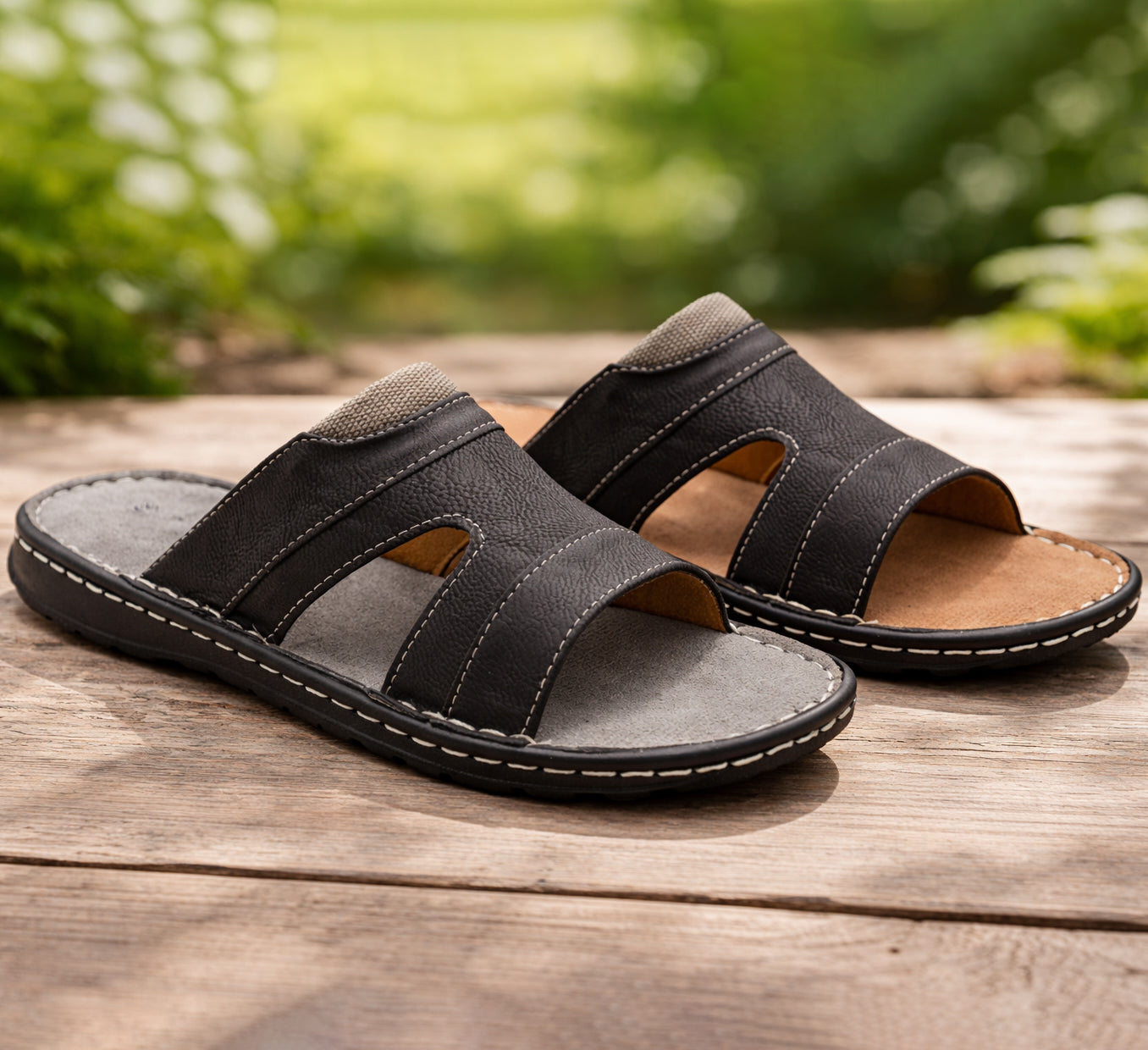 Mens Slip On Sandals Faux Leather Open Toe Sliders Flat Beach Casual Summer Slippers Comfort Sliders
