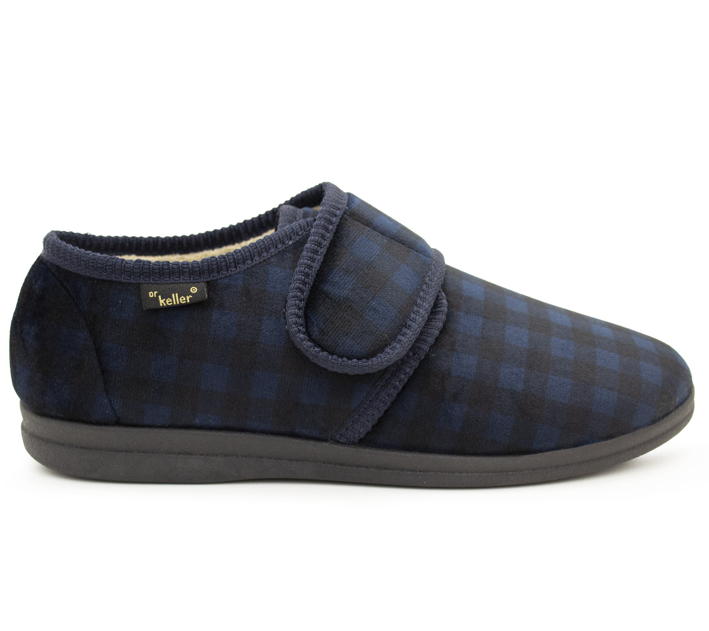 Mens Slippers Check Faux Fur Lined Thermal Wide Open Touch Fasten Straps House Shoes Navy