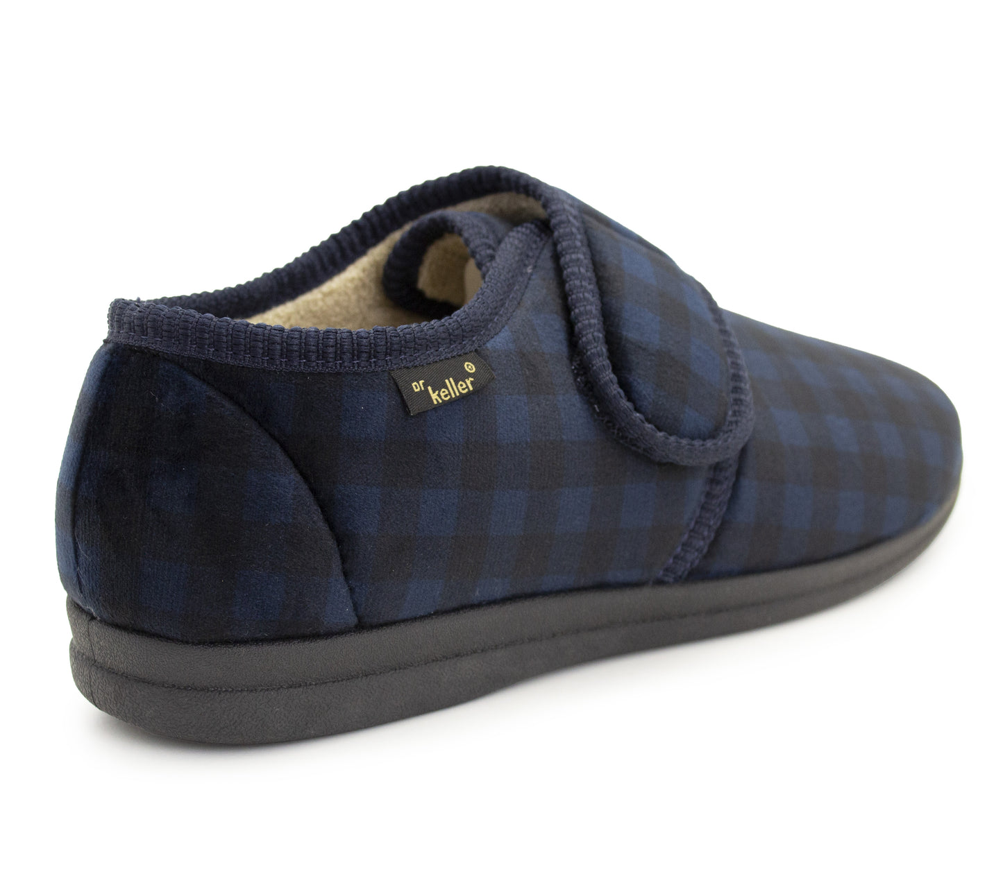 Mens Slippers Check Faux Fur Lined Thermal Wide Open Touch Fasten Straps House Shoes Navy