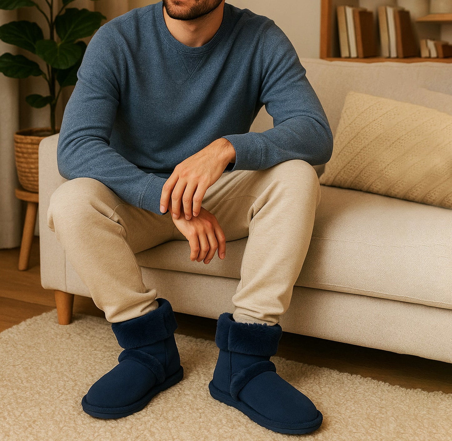 Mens Ankle Slipper Boots Warm Faux Fur Lined Winter Booties Lightweight Cosy Plush Fur Indoor House Shoes