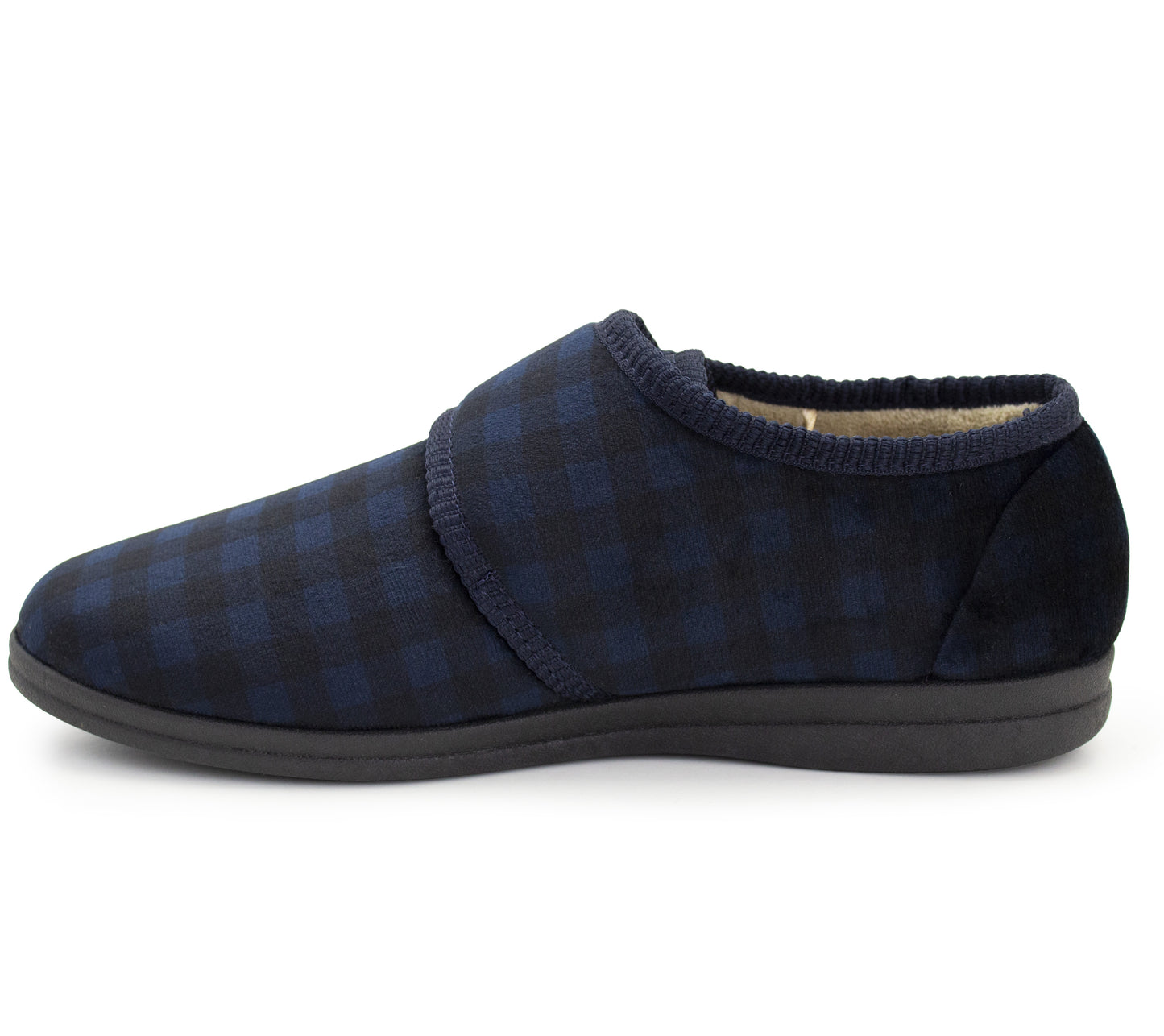 Mens Slippers Check Faux Fur Lined Thermal Wide Open Touch Fasten Straps House Shoes Navy