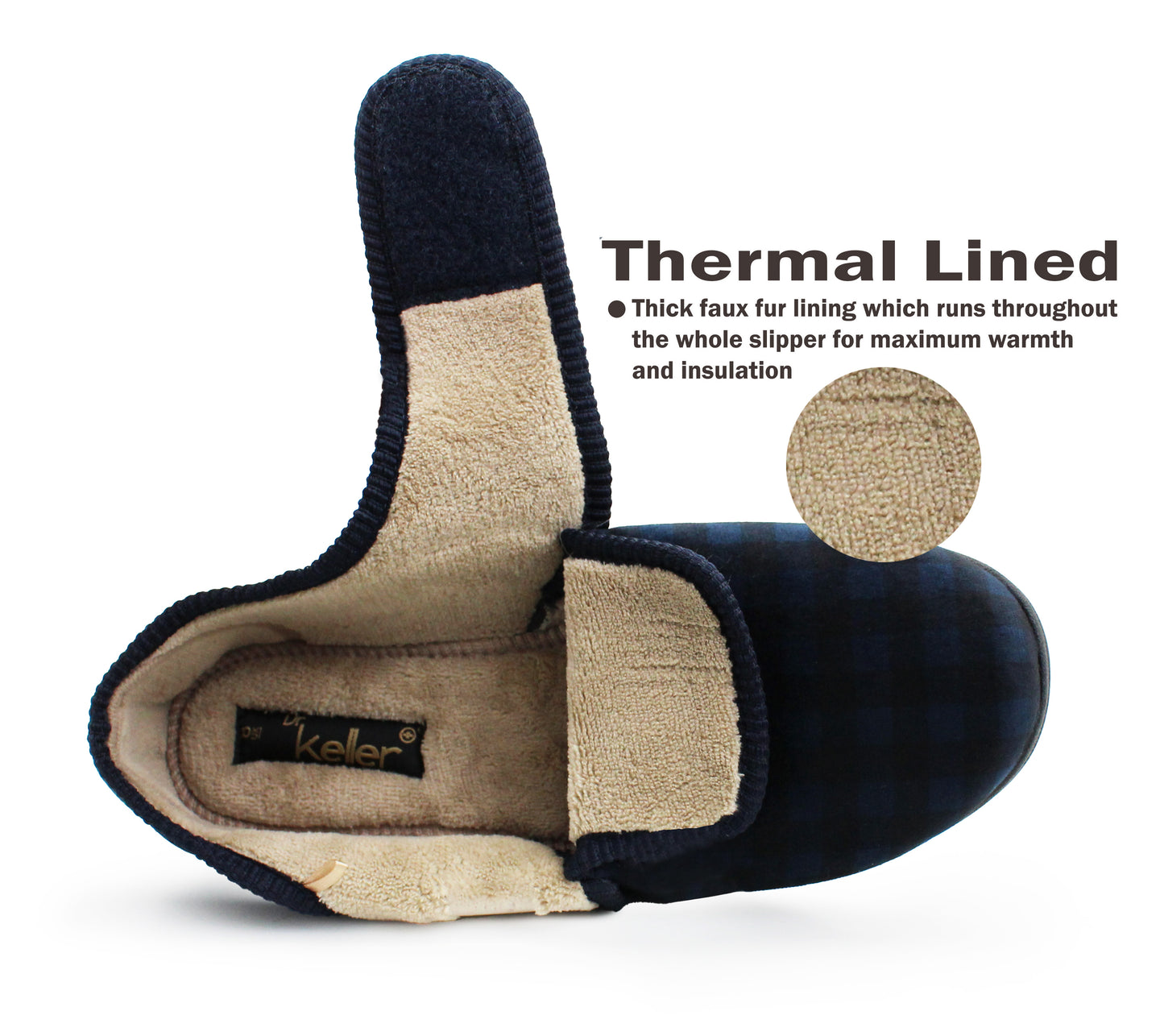 Mens Slippers Check Faux Fur Lined Thermal Wide Open Touch Fasten Straps House Shoes Navy