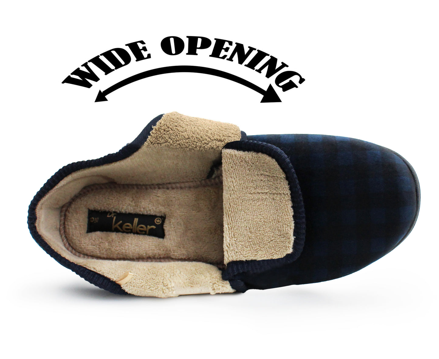 Mens Slippers Check Faux Fur Lined Thermal Wide Open Touch Fasten Straps House Shoes Navy