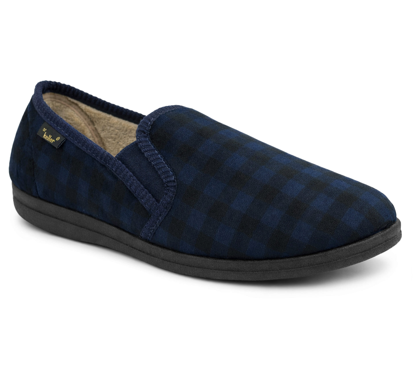 Mens Slippers Check Faux Fur Lined Thermal Slip On Elastic Stretch Gusset House Shoes Navy
