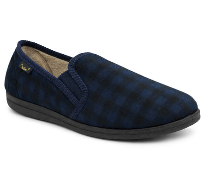 Mens Slippers Check Faux Fur Lined Thermal Slip On Elastic Stretch Gusset House Shoes Navy