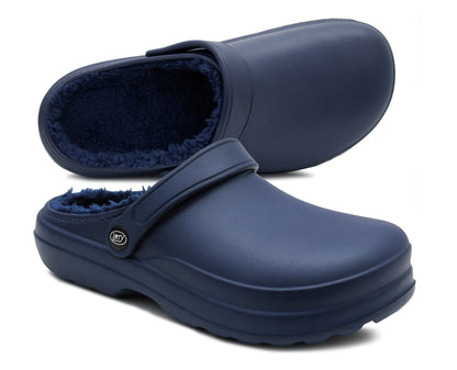 Womens Clogs Warm Fleece Lined Navy Blue Thermal Waterproof Lightweight EVA Garden Clogs Kitchen Nurse Faux Fur Slippers House Shoes